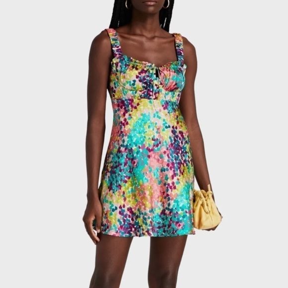 Nicholas NWT 100% Silk Satin Simie Gathered Confetti Multicolor Mini Dress 2, XS - Picture 4 of 15